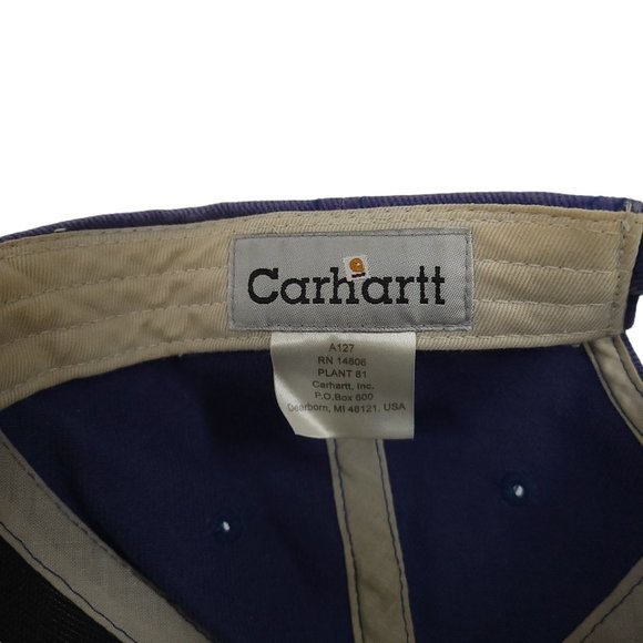 Carhartt Distressed Cap Blue Tuck Strap Slide Trucker Hat Embroidered Cotton - Picture 8 of 8